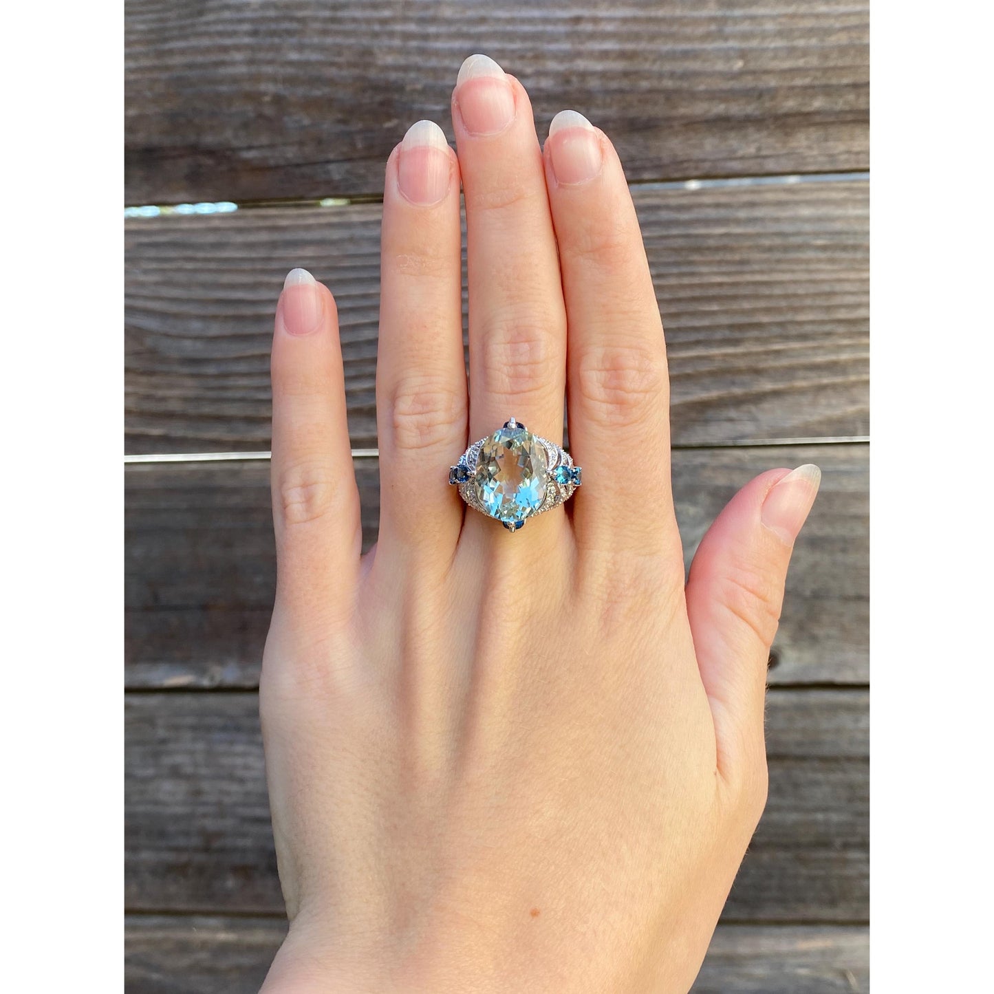 Vintage Solid 14k White Gold Diamond Green & Blue Quartz Ring - Size 7.75