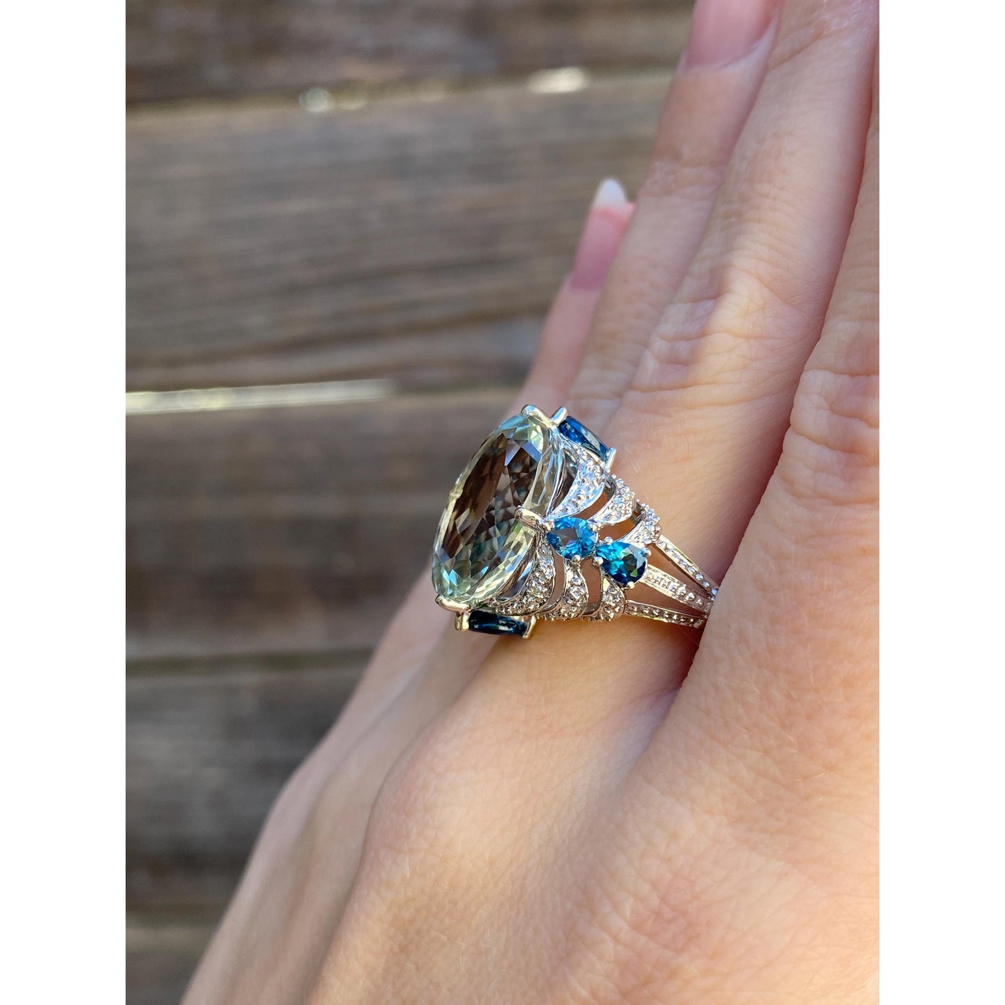 Vintage Solid 14k White Gold Diamond Green & Blue Quartz Ring - Size 7.75