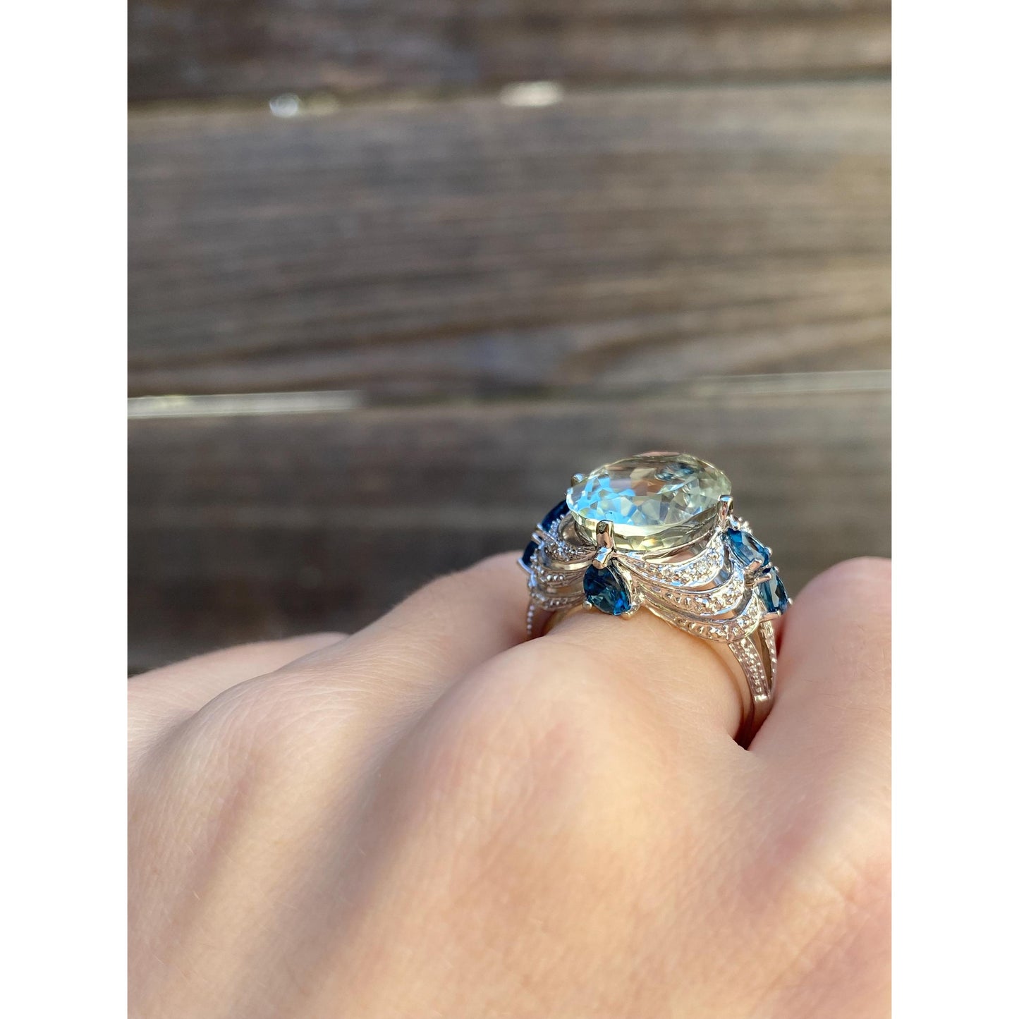 Vintage Solid 14k White Gold Diamond Green & Blue Quartz Ring - Size 7.75