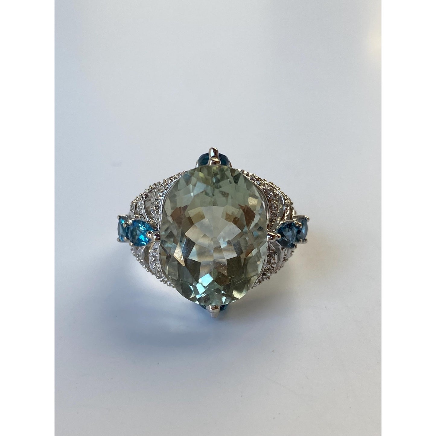 Vintage Solid 14k White Gold Diamond Green & Blue Quartz Ring - Size 7.75