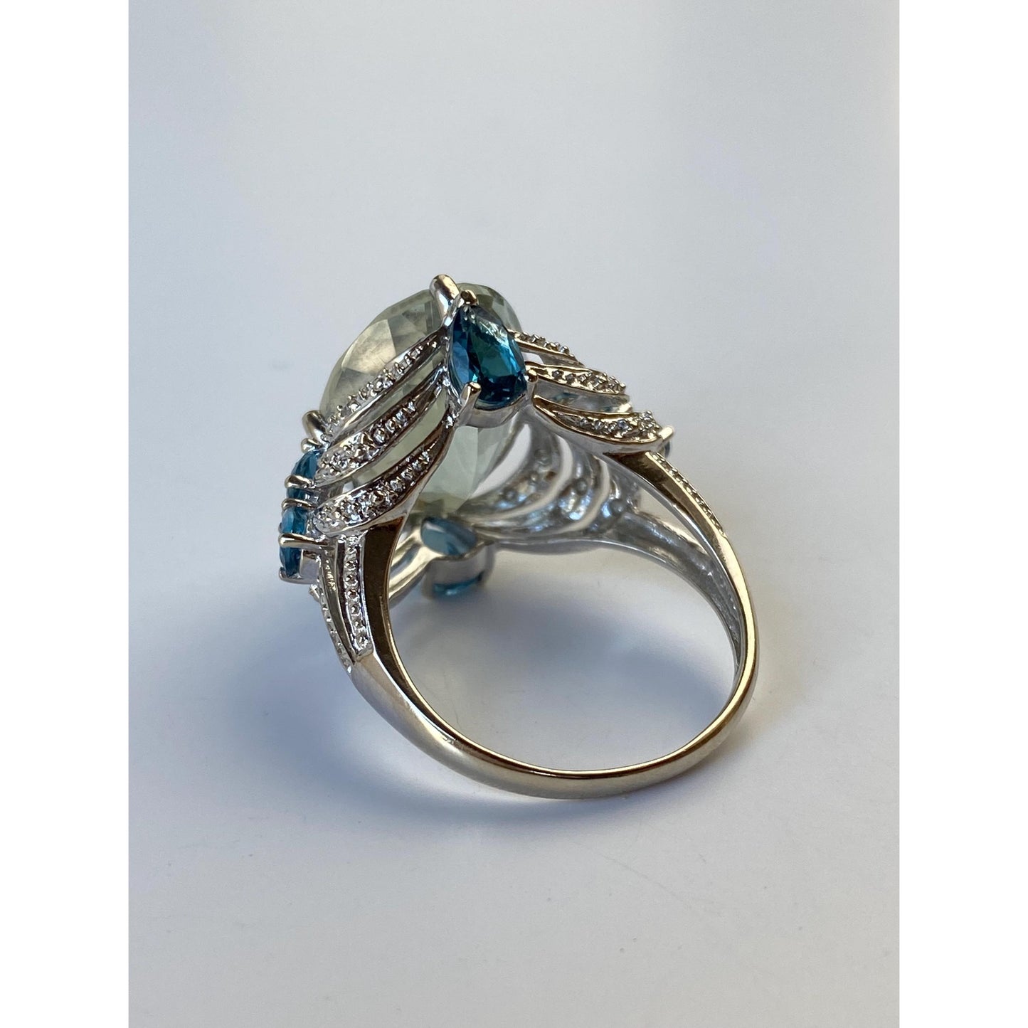 Vintage Solid 14k White Gold Diamond Green & Blue Quartz Ring - Size 7.75