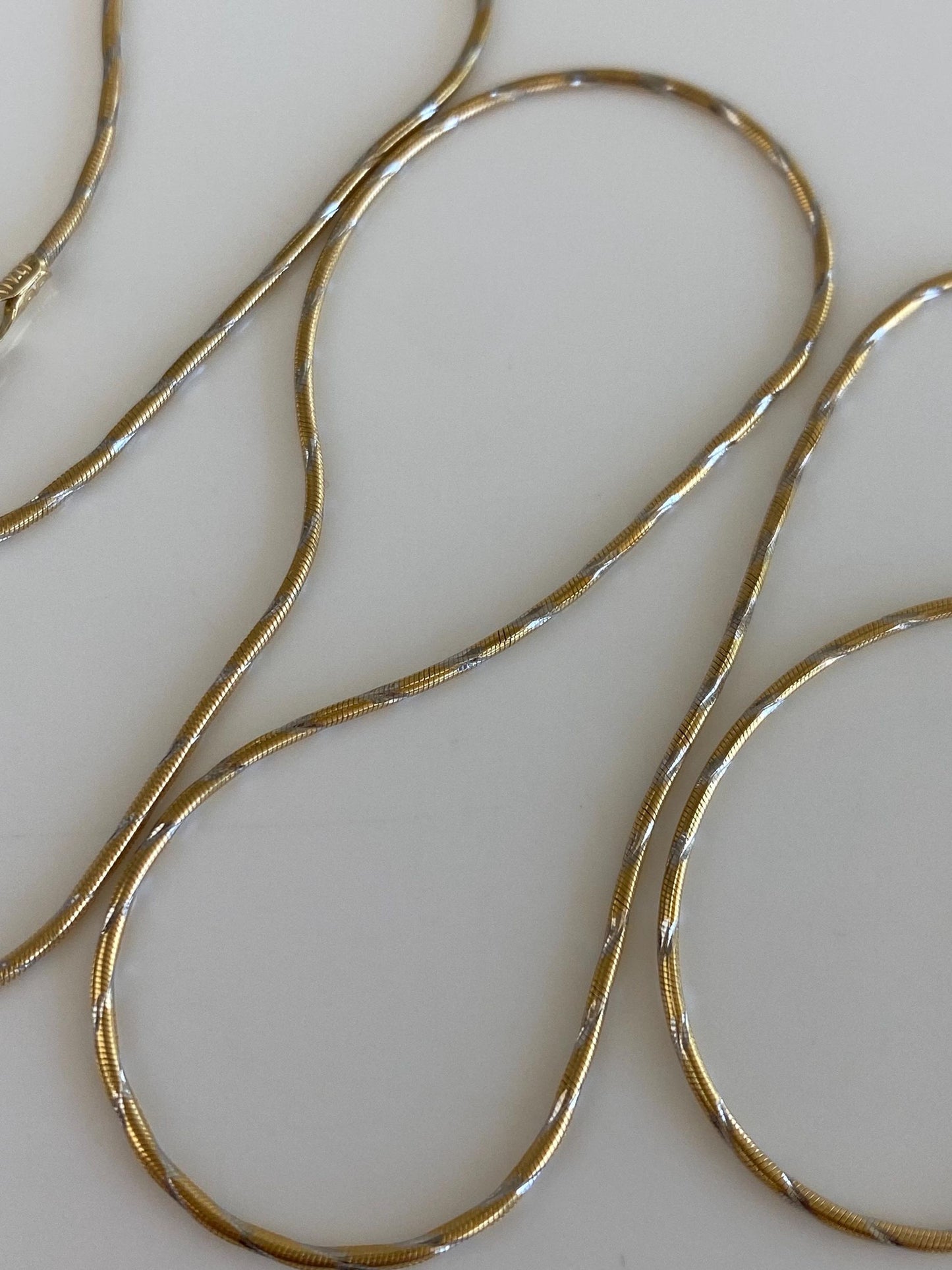 Vintage Solid 14k White & Yellow Gold Lined Snake Chain Necklace - 18 inches