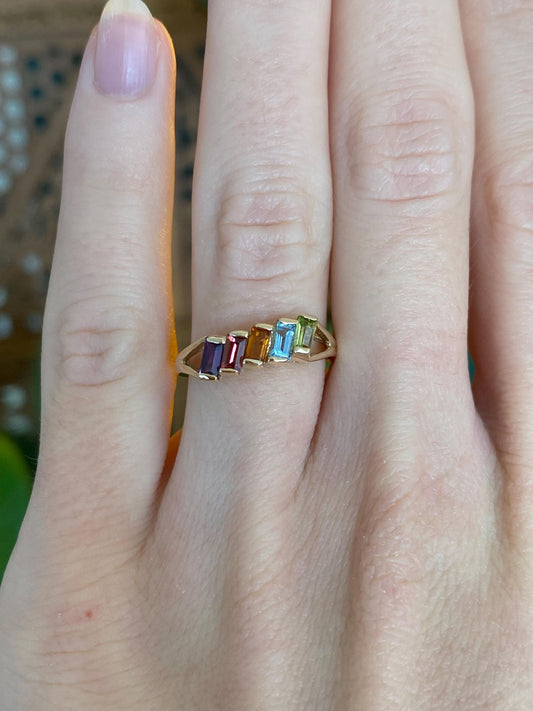 Vintage Solid 14k Yellow Gold Amethyst Topaz Citrine Peridot Garnet Ring - Size 5.75