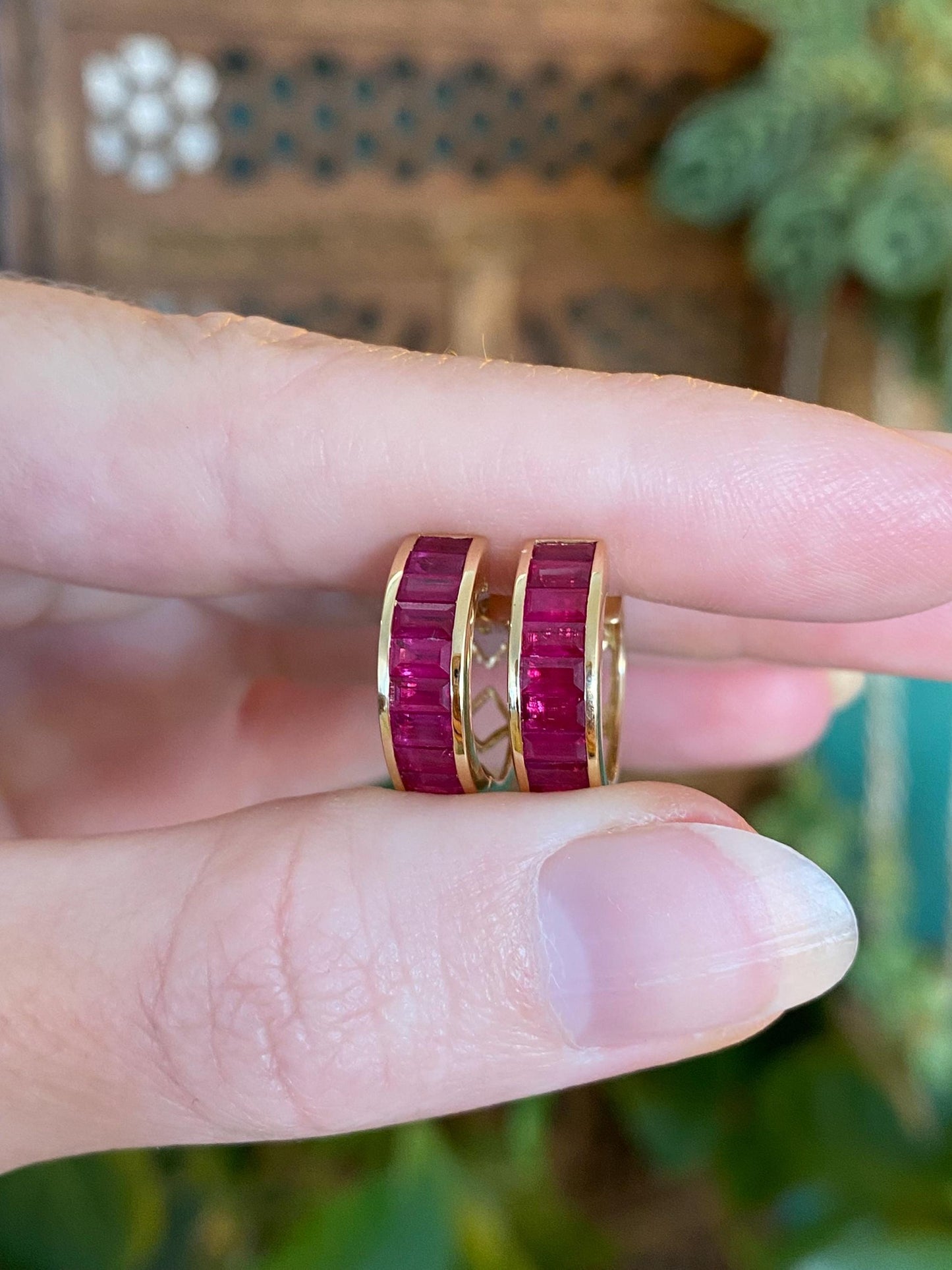 Vintage Solid 18k Yellow Gold Pink Sapphire Hoop Earrings