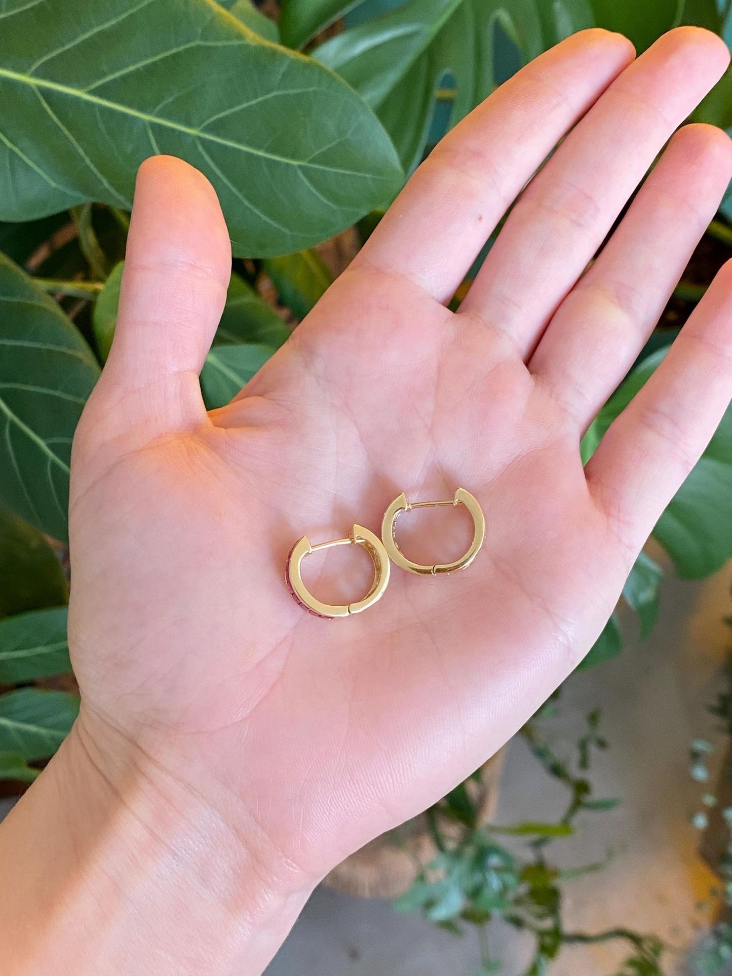 Vintage Solid 18k Yellow Gold Pink Sapphire Hoop Earrings