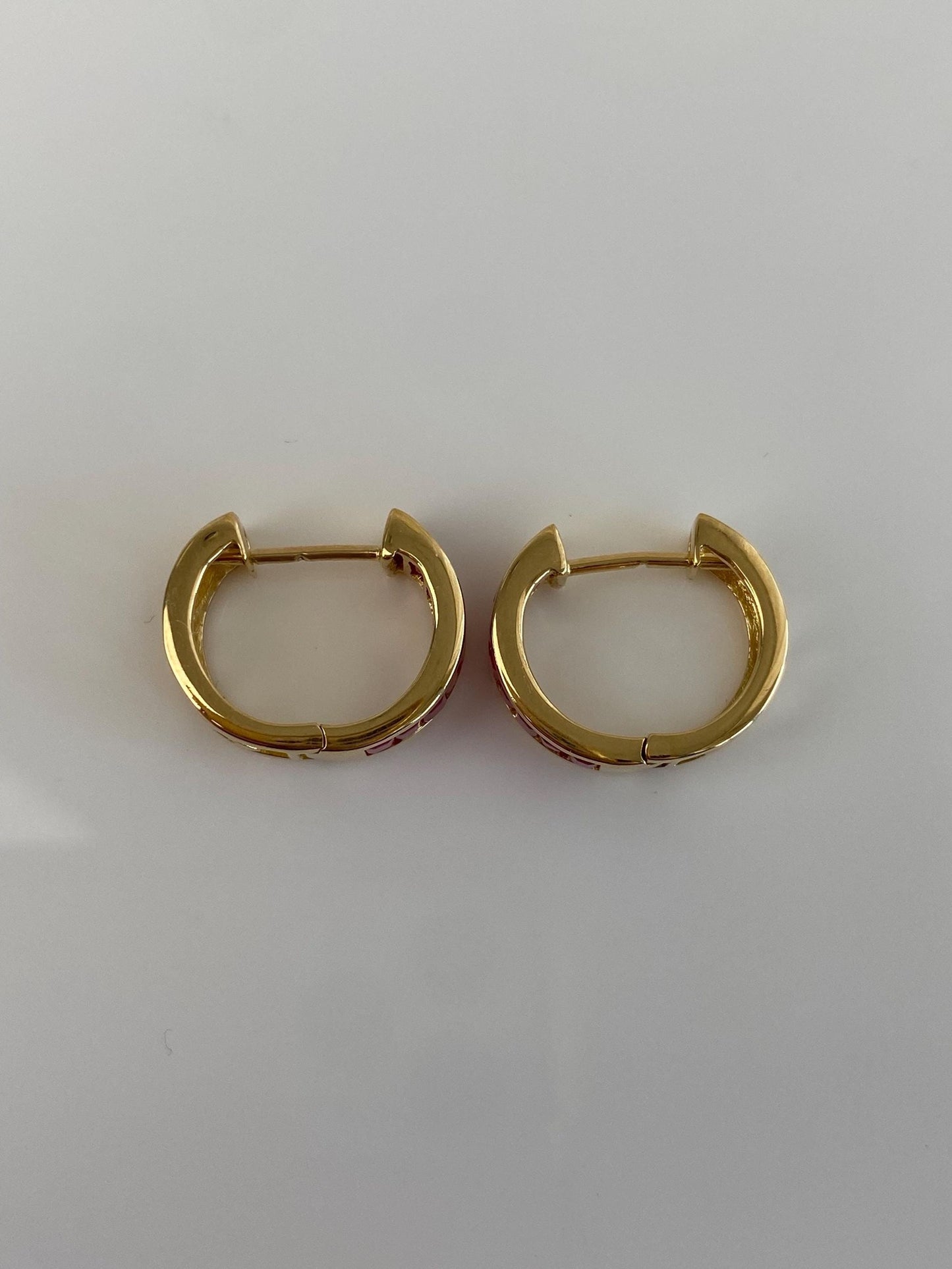 Vintage Solid 18k Yellow Gold Pink Sapphire Hoop Earrings