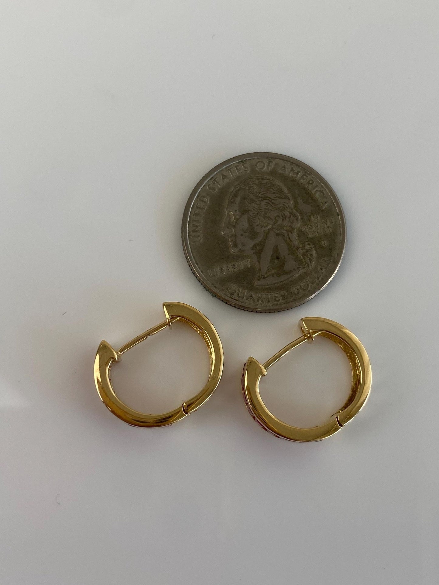 Vintage Solid 18k Yellow Gold Pink Sapphire Hoop Earrings