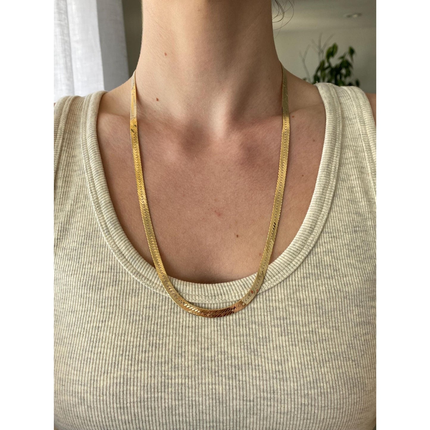 Vintage Solid 14k Yellow Gold Chunky Herringbone Chain Necklace - 24.25 inches