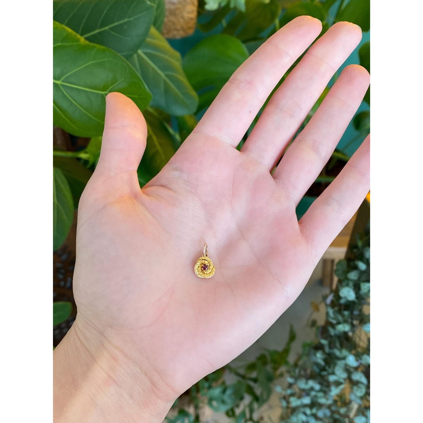 Vintage Solid 14k Yellow Gold Red Cubic Zirconia Knot Charm