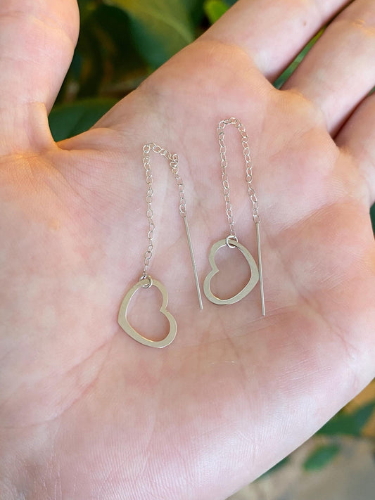 Vintage Solid 14k White Gold Cable Chain Heart Threader Earrings