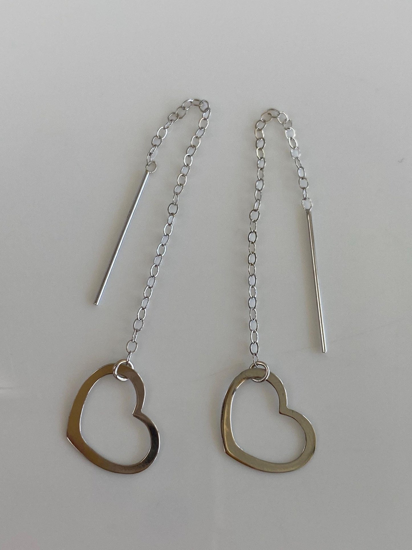 Vintage Solid 14k White Gold Cable Chain Heart Threader Earrings