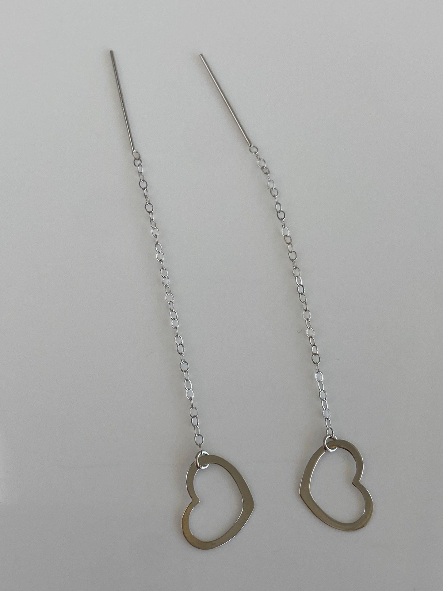 Vintage Solid 14k White Gold Cable Chain Heart Threader Earrings