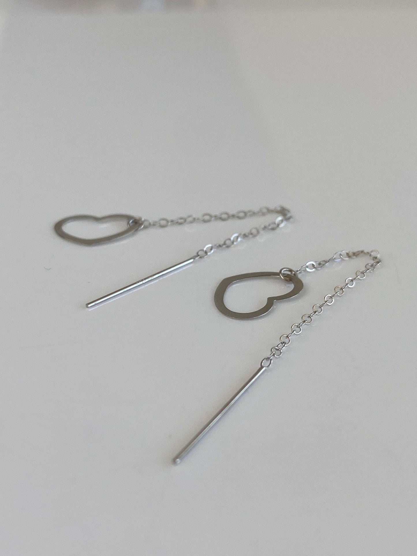 Vintage Solid 14k White Gold Cable Chain Heart Threader Earrings