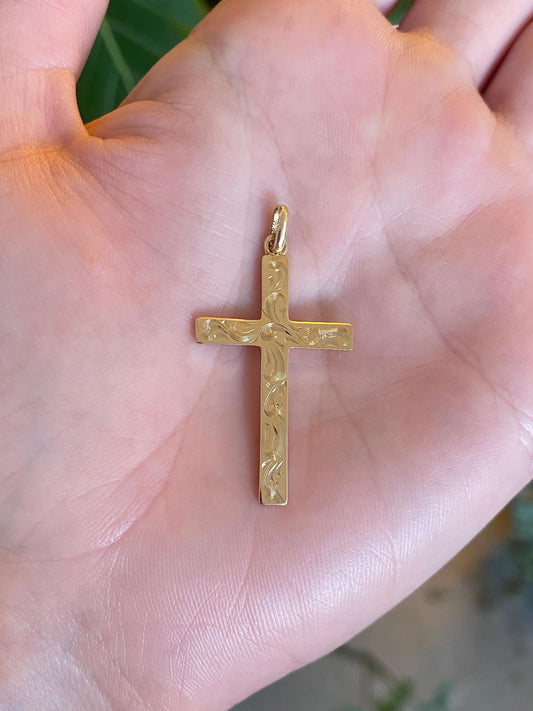 Vintage Solid 14k Yellow Gold Engraved Cross Charm