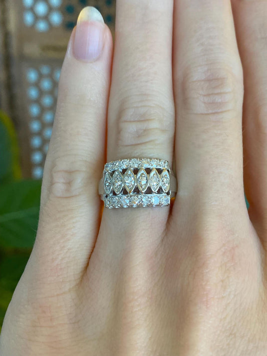 Vintage Solid 14k White Gold Diamond Open Work Ring - Size 4.75