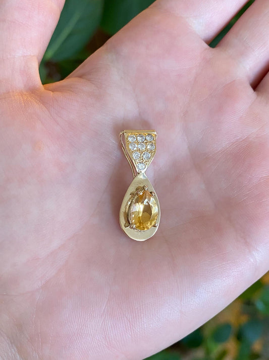 Vintage Solid 14k Yellow Gold Citrine Diamonds Charm