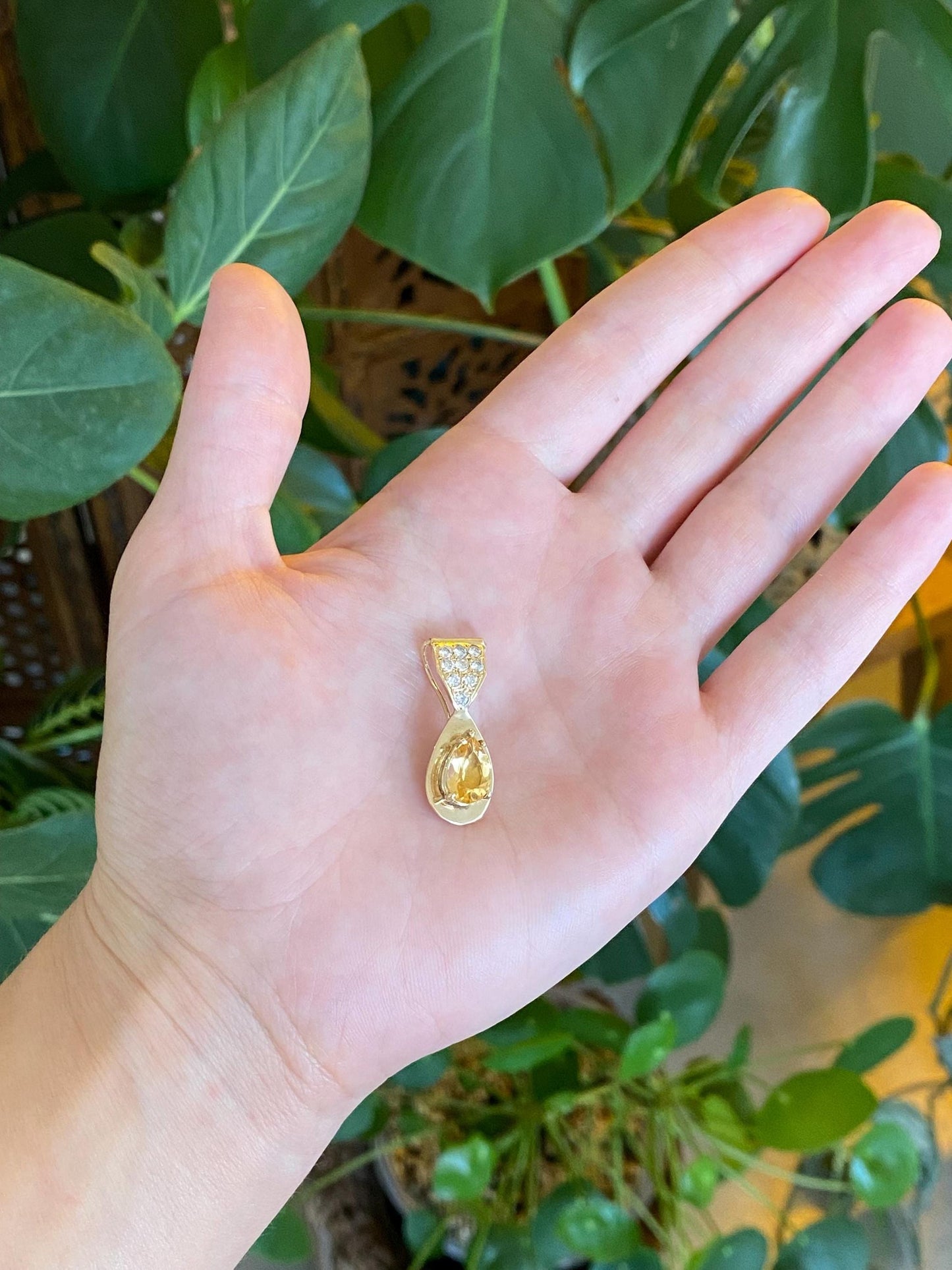 Vintage Solid 14k Yellow Gold Citrine Diamonds Charm