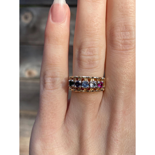 Vintage Solid 10k Yellow Gold Colored Spinel & Quartz Ring Band - Size 5