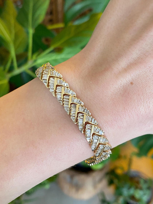 Vintage Solid 14k Yellow Gold Baguette Diamond Link Bracelet - 7.25 Inches