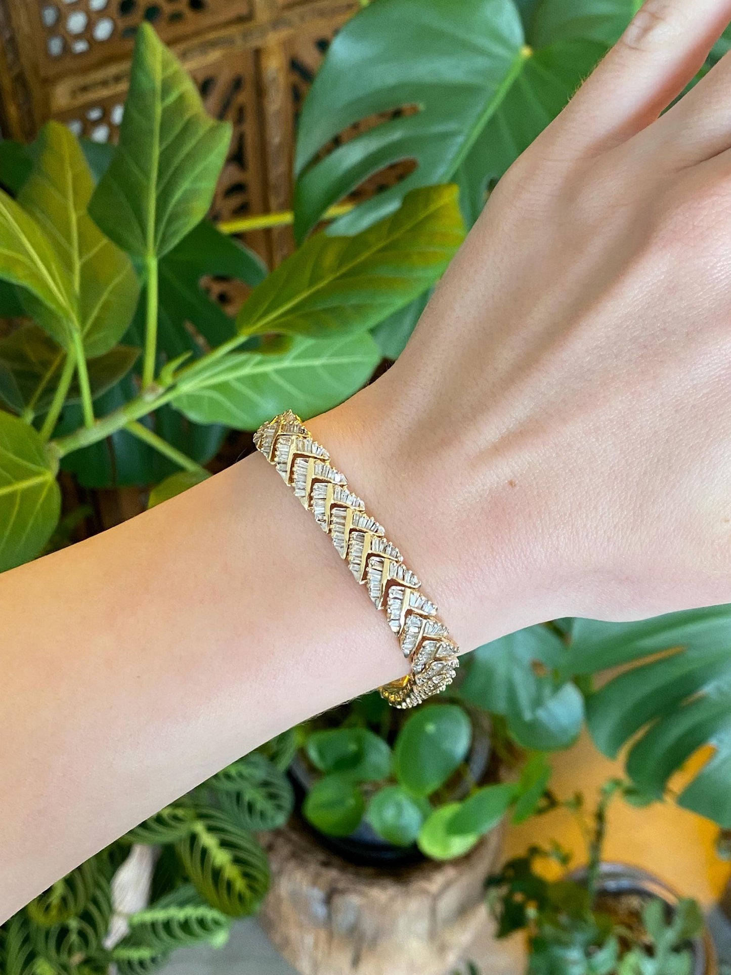 Vintage Solid 14k Yellow Gold Baguette Diamond Link Bracelet - 7.25 Inches