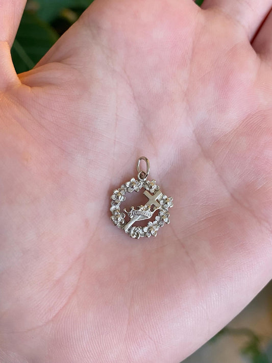 Vintage Solid 14k White Gold Crown Cross Flower Wreath Charm