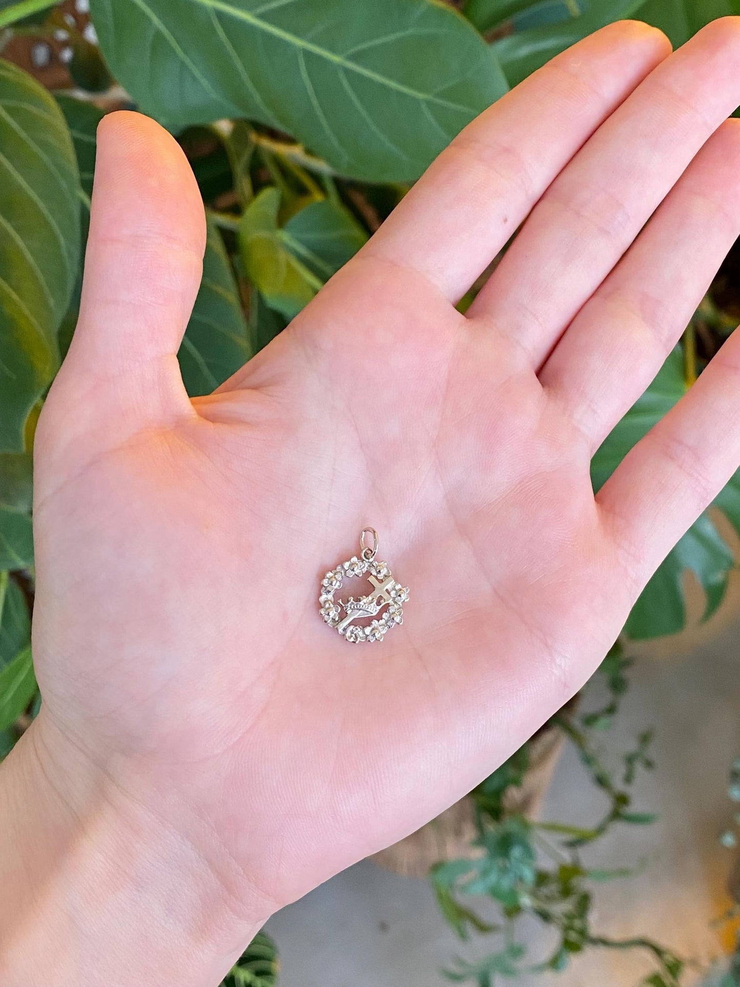 Vintage Solid 14k White Gold Crown Cross Flower Wreath Charm