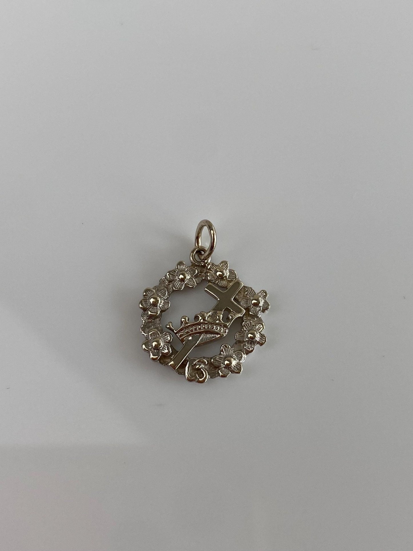 Vintage Solid 14k White Gold Crown Cross Flower Wreath Charm