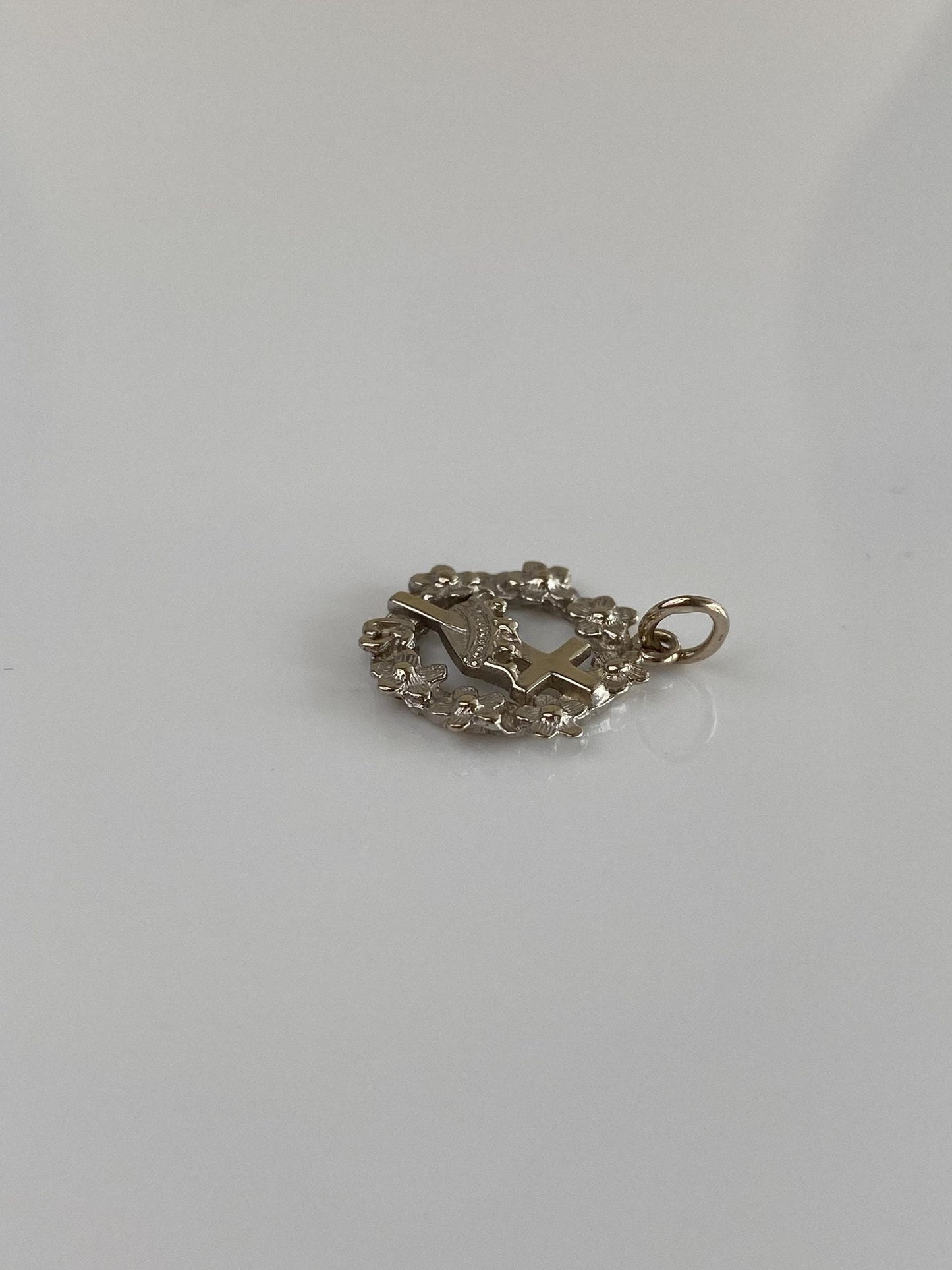 Vintage Solid 14k White Gold Crown Cross Flower Wreath Charm
