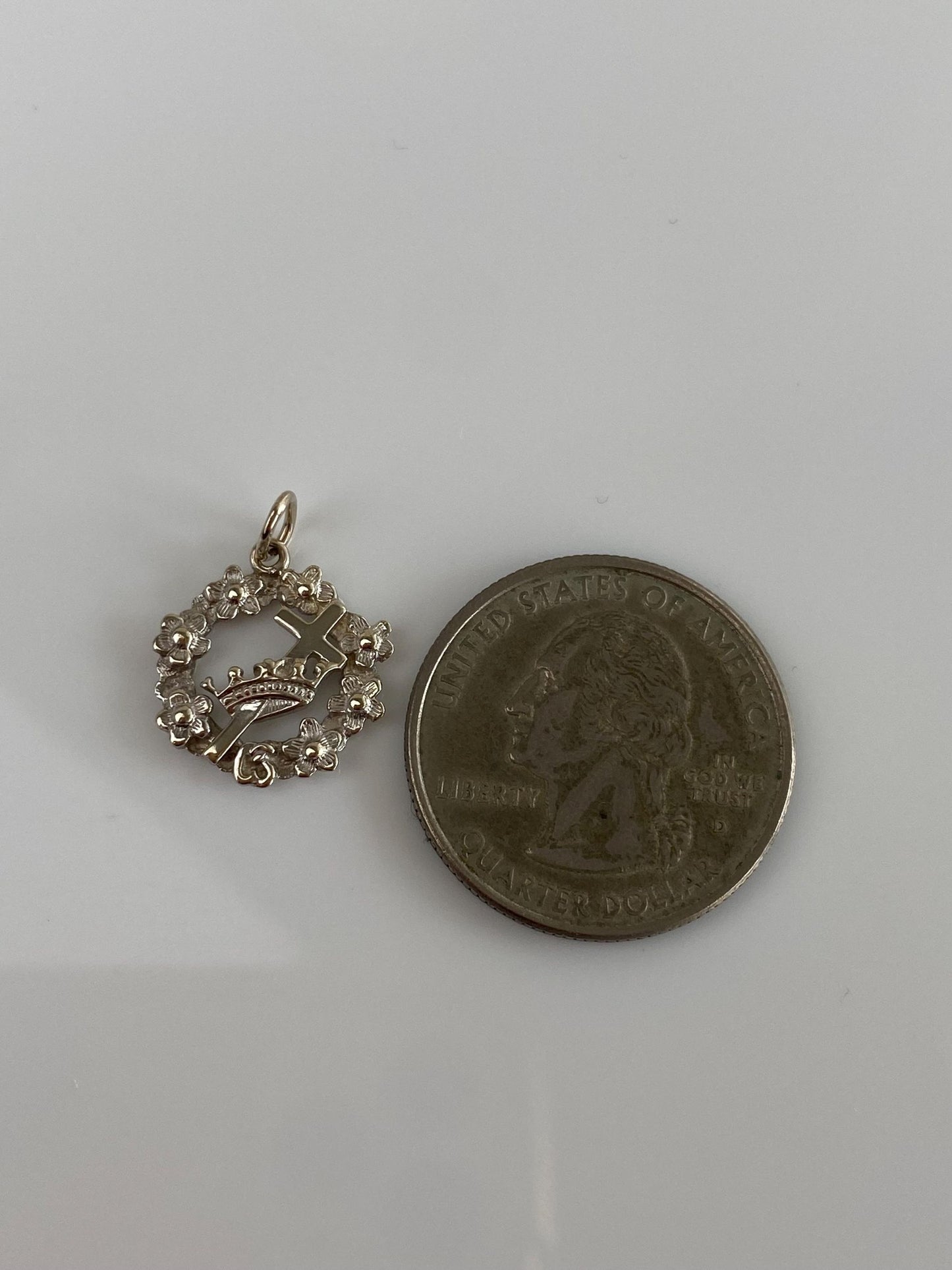 Vintage Solid 14k White Gold Crown Cross Flower Wreath Charm