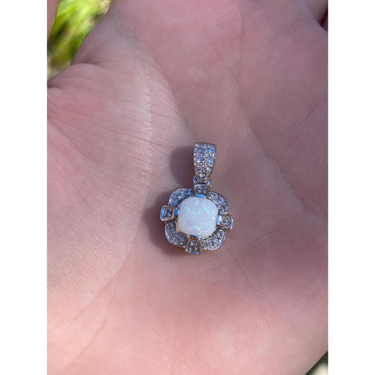 Vintage Solid 10k White Gold Diamond Opal Charm