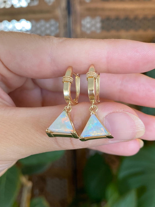 Vintage Solid 14k Yellow Gold Opal Triangle Charm Hoop Earrings