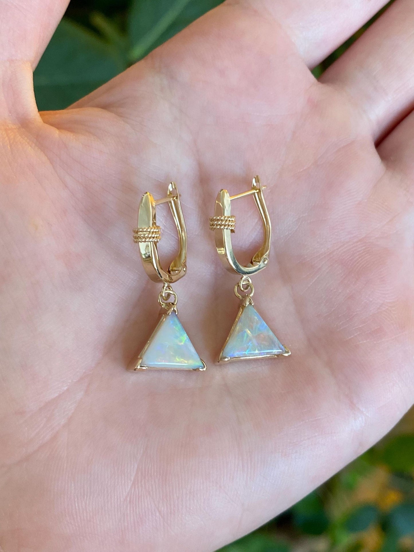Vintage Solid 14k Yellow Gold Opal Triangle Charm Hoop Earrings