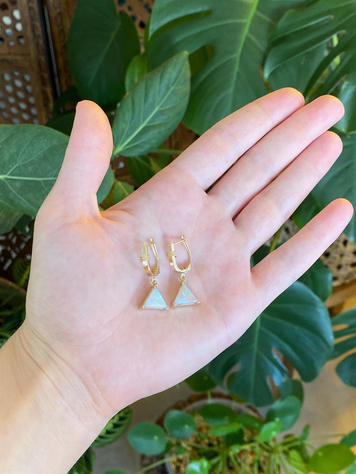 Vintage Solid 14k Yellow Gold Opal Triangle Charm Hoop Earrings