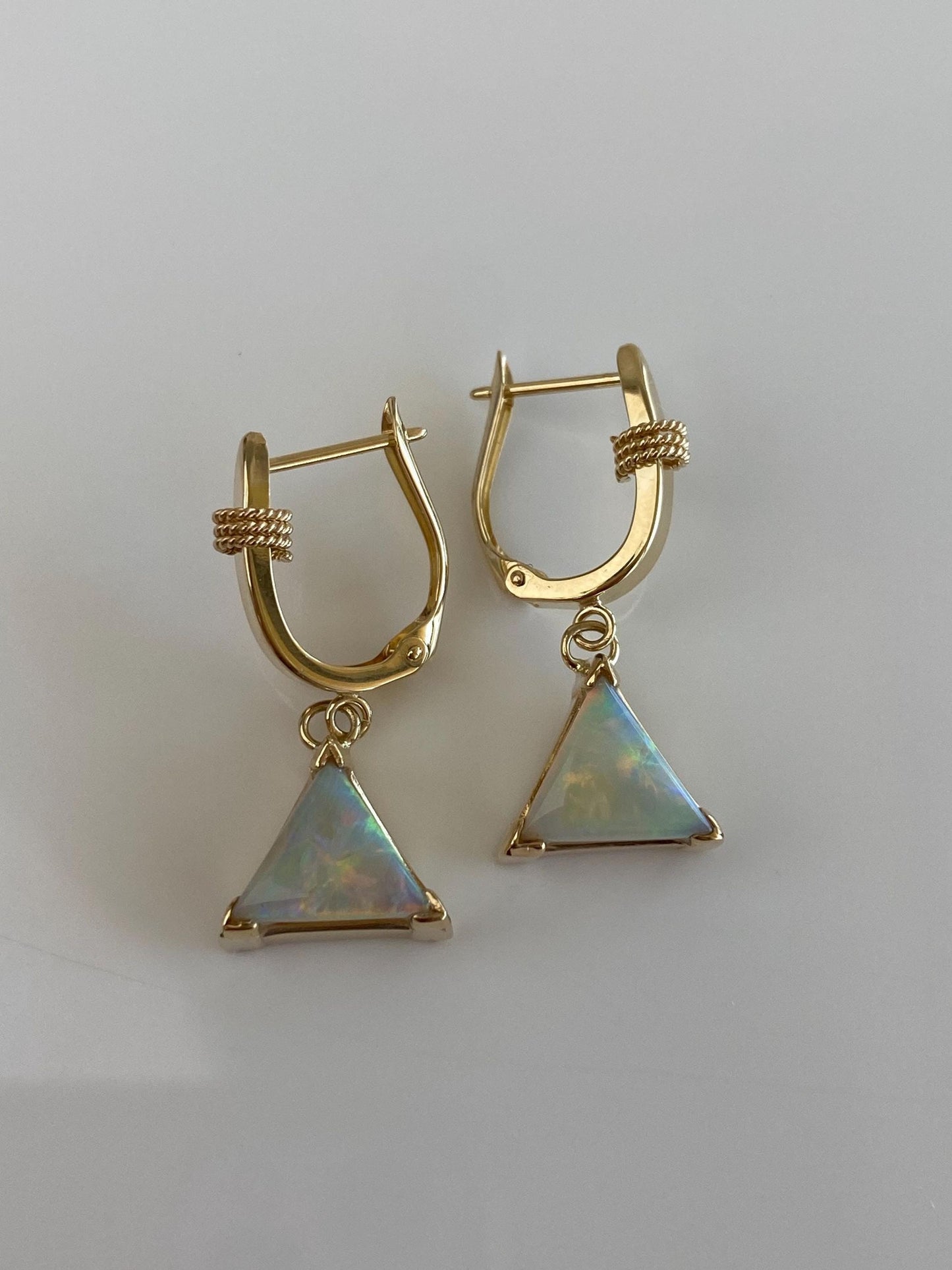 Vintage Solid 14k Yellow Gold Opal Triangle Charm Hoop Earrings