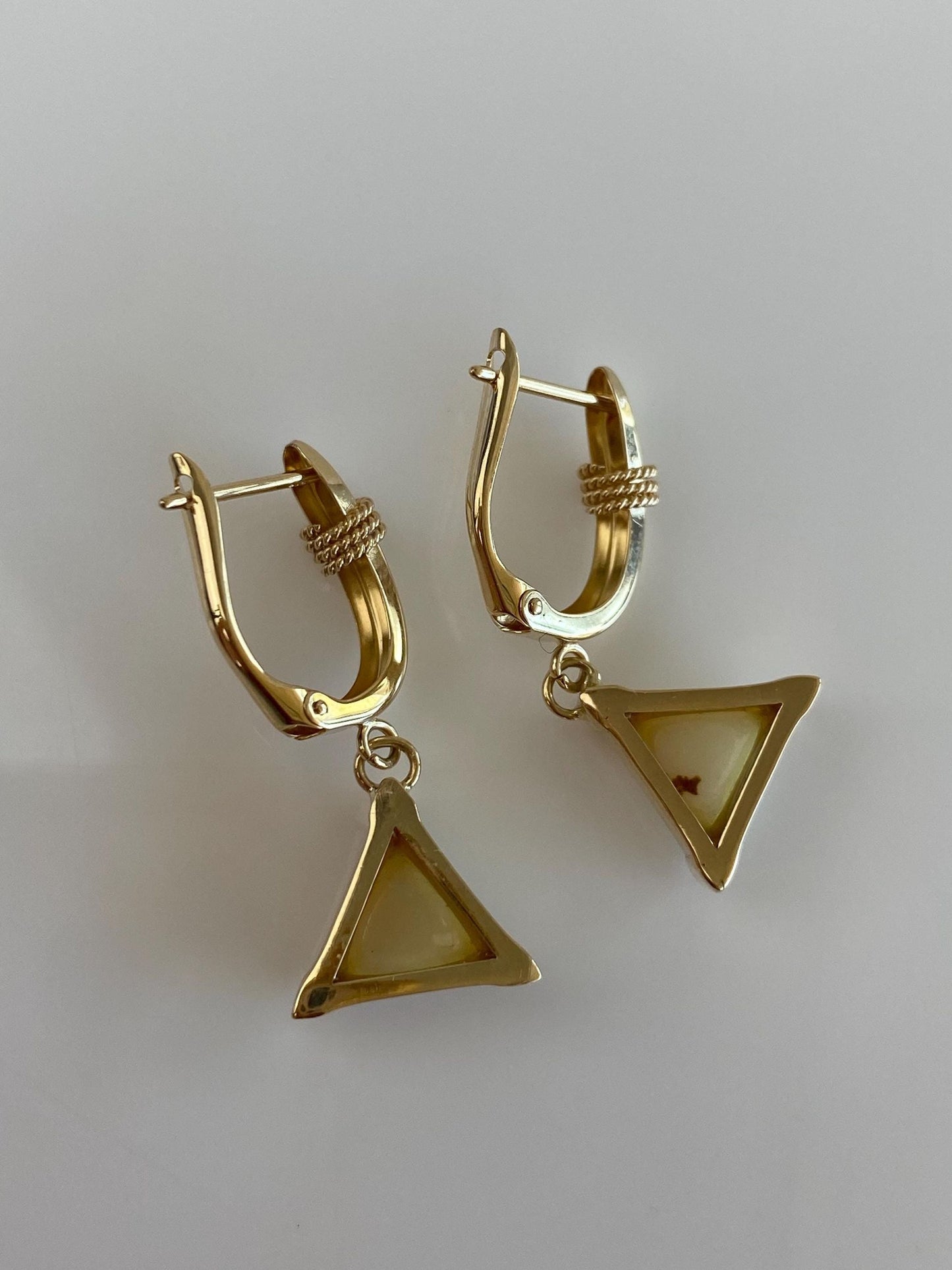 Vintage Solid 14k Yellow Gold Opal Triangle Charm Hoop Earrings