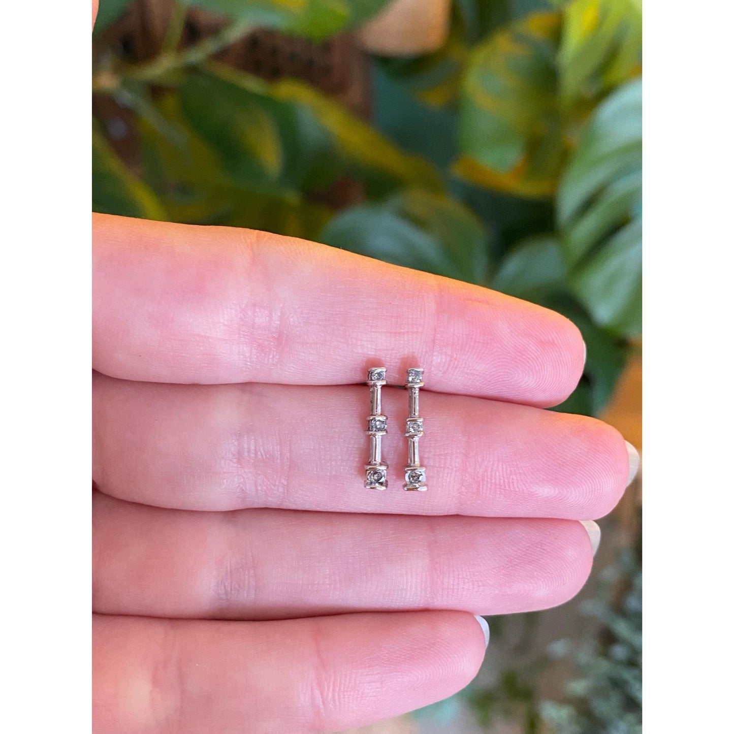 Vintage Solid 10k White Gold Diamond Row Stud Earrings