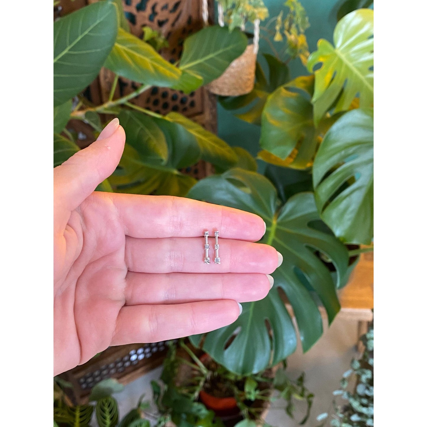 Vintage Solid 10k White Gold Diamond Row Stud Earrings