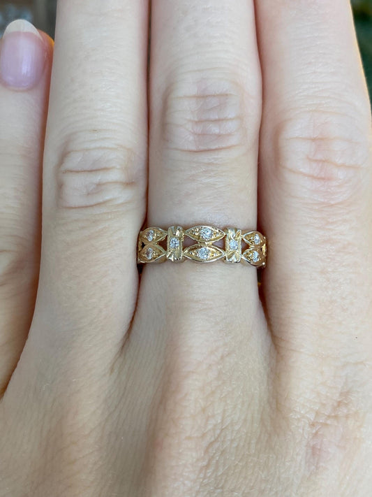 Vintage Solid Platinum Gold Plated Diamond Open Work Ring Band - Size 6.75