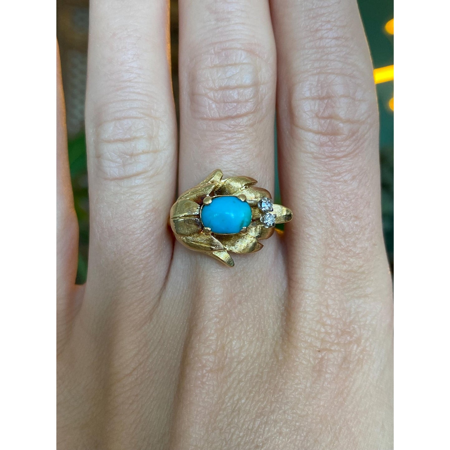Vintage Solid 18k Yellow Gold Turquoise Clear Sapphire Ring - Size 6.75