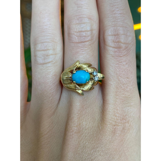 Vintage Solid 18k Yellow Gold Turquoise Clear Sapphire Ring - Size 6.75
