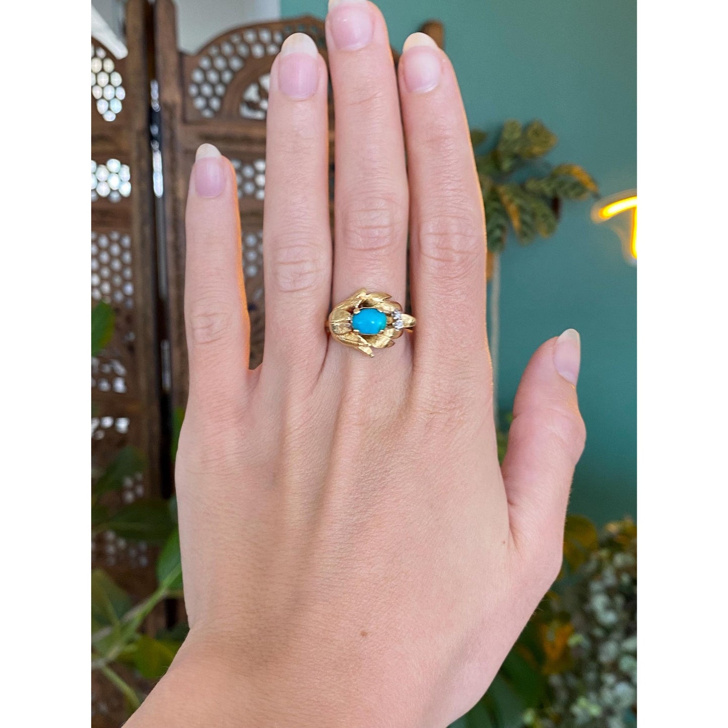 Vintage Solid 18k Yellow Gold Turquoise Clear Sapphire Ring - Size 6.75