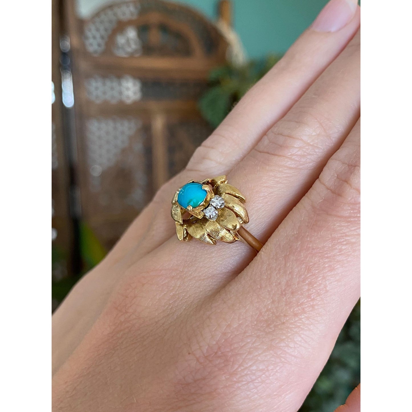 Vintage Solid 18k Yellow Gold Turquoise Clear Sapphire Ring - Size 6.75