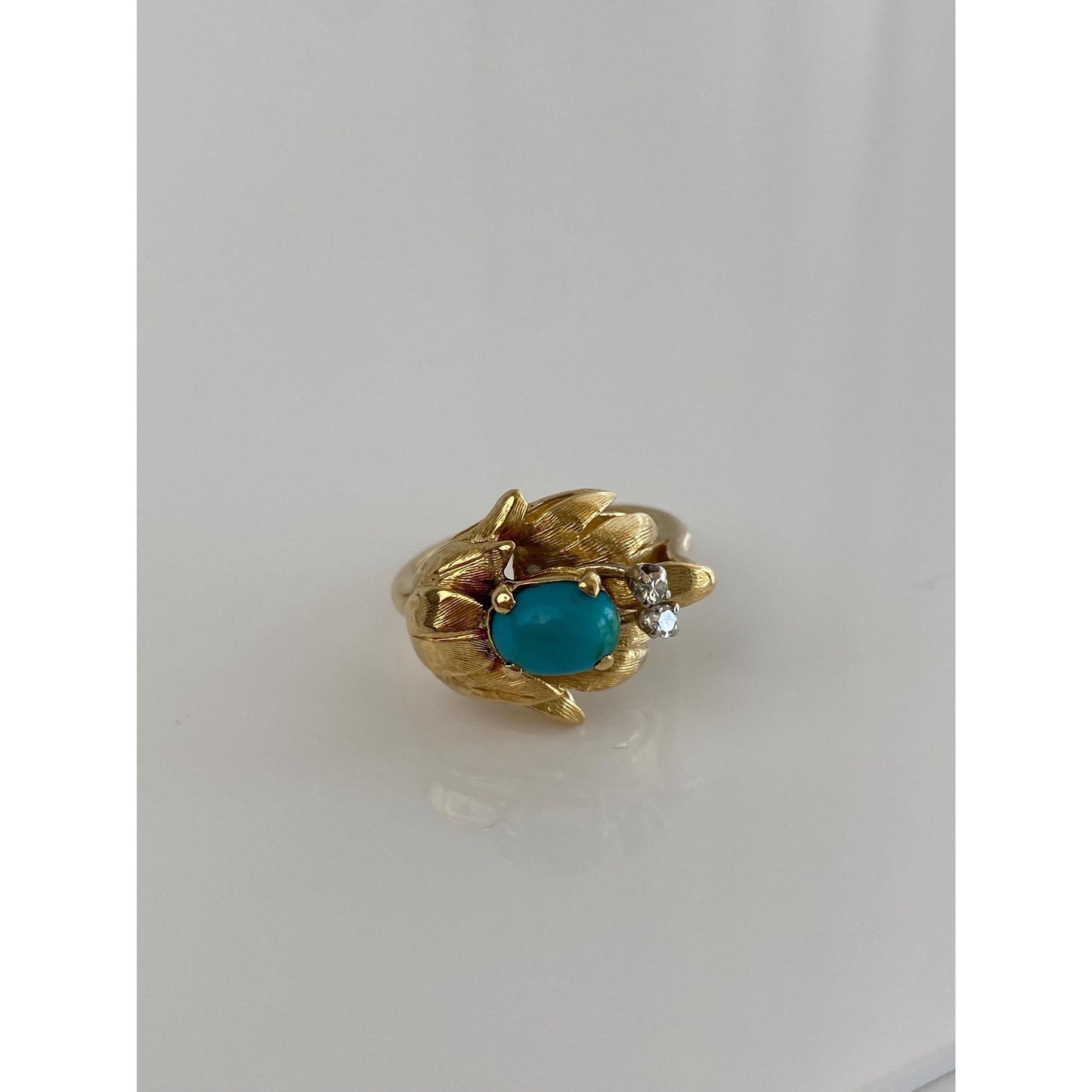 Vintage Solid 18k Yellow Gold Turquoise Clear Sapphire Ring - Size 6.75