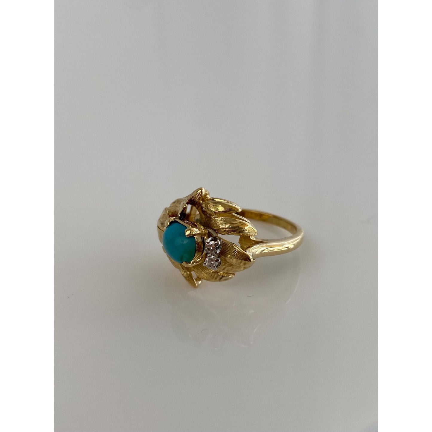 Vintage Solid 18k Yellow Gold Turquoise Clear Sapphire Ring - Size 6.75