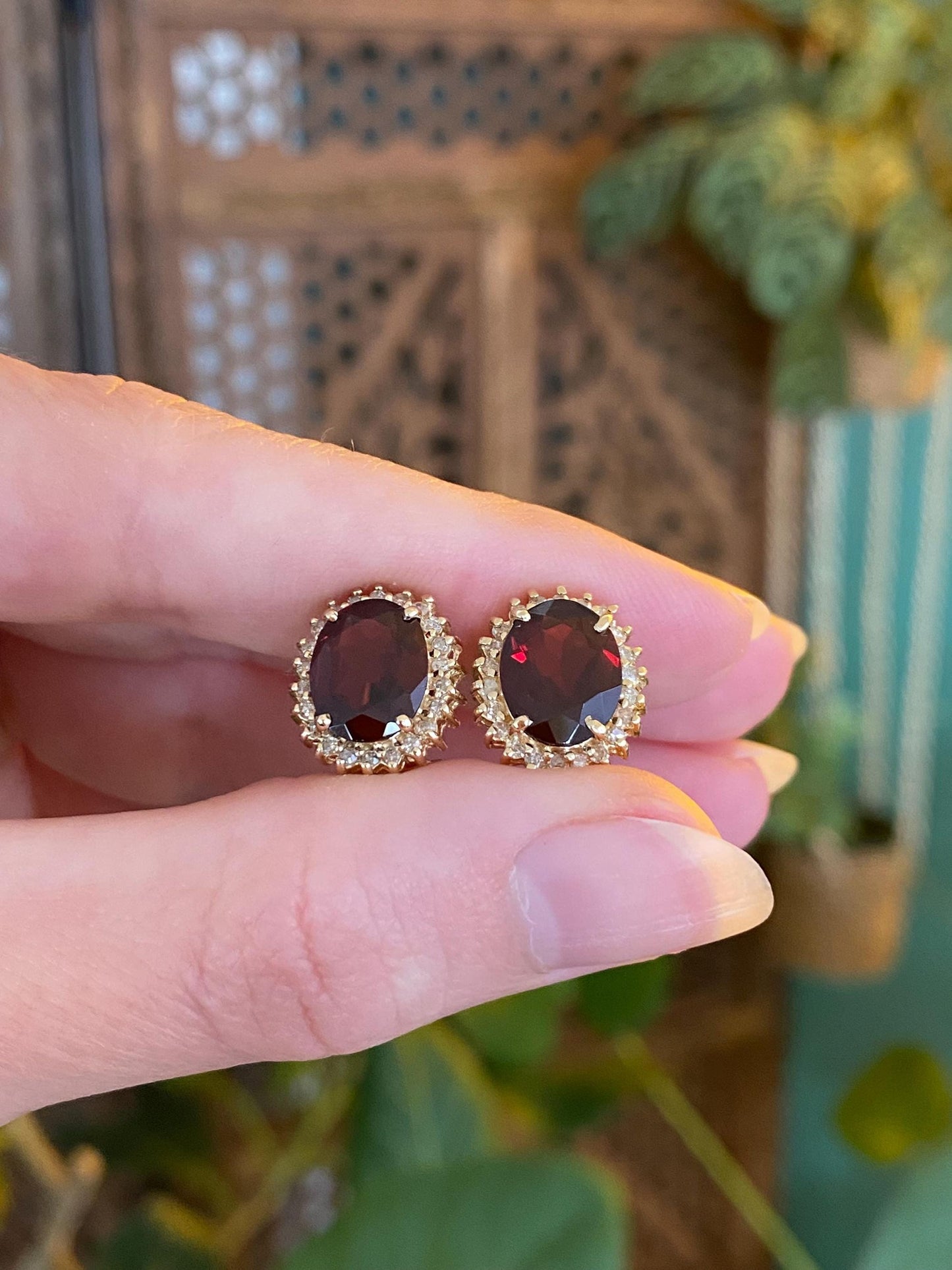 Vintage Solid 14k Yellow Gold Garnet Diamond Halo Drop Earrings