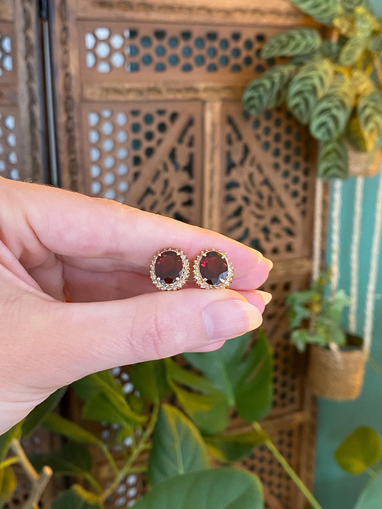 Vintage Solid 14k Yellow Gold Garnet Diamond Halo Drop Earrings
