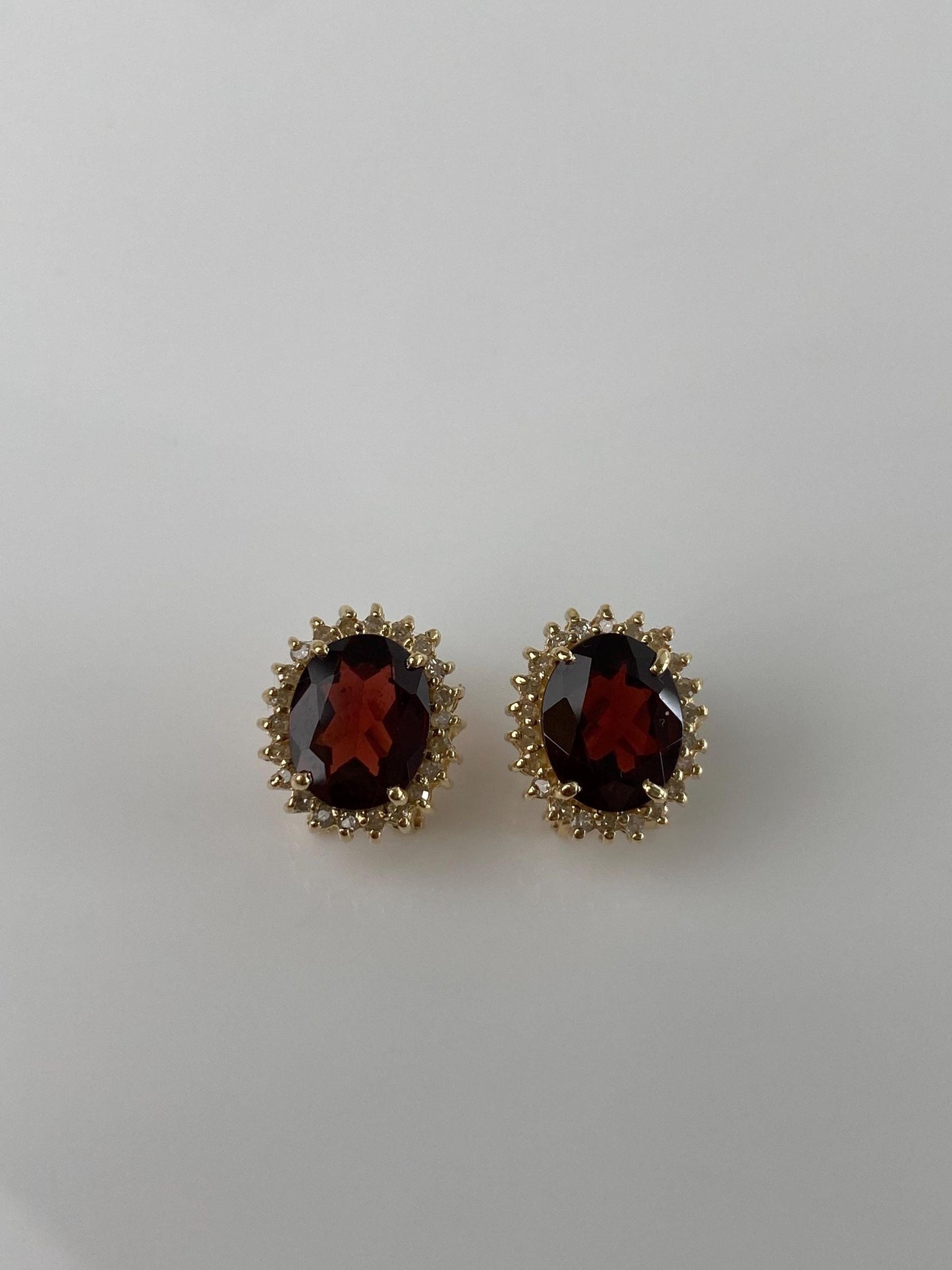 Vintage Solid 14k Yellow Gold Garnet Diamond Halo Drop Earrings