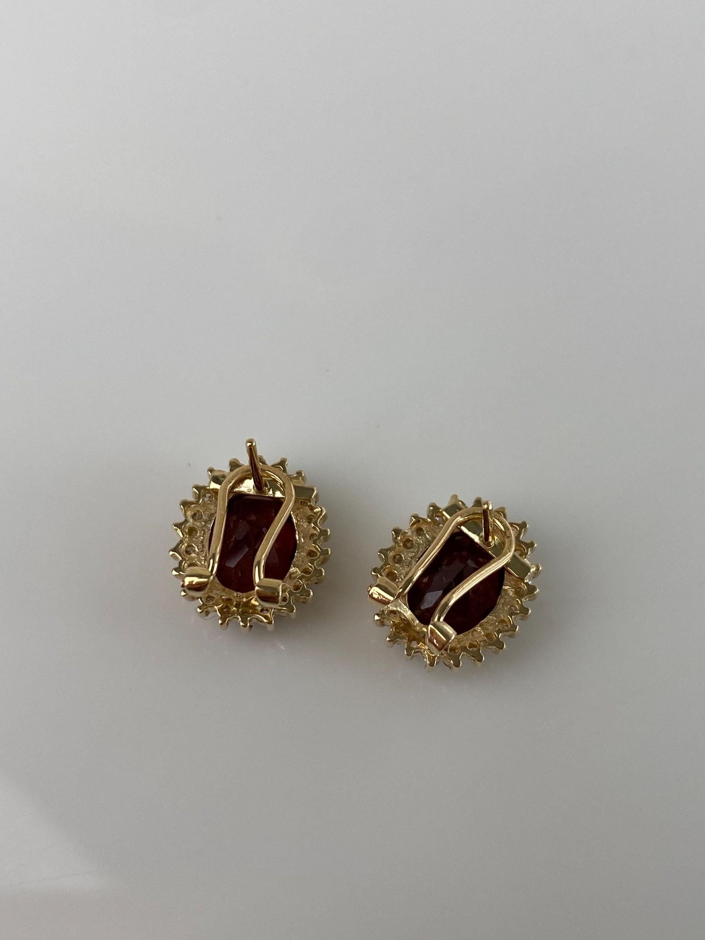 Vintage Solid 14k Yellow Gold Garnet Diamond Halo Drop Earrings