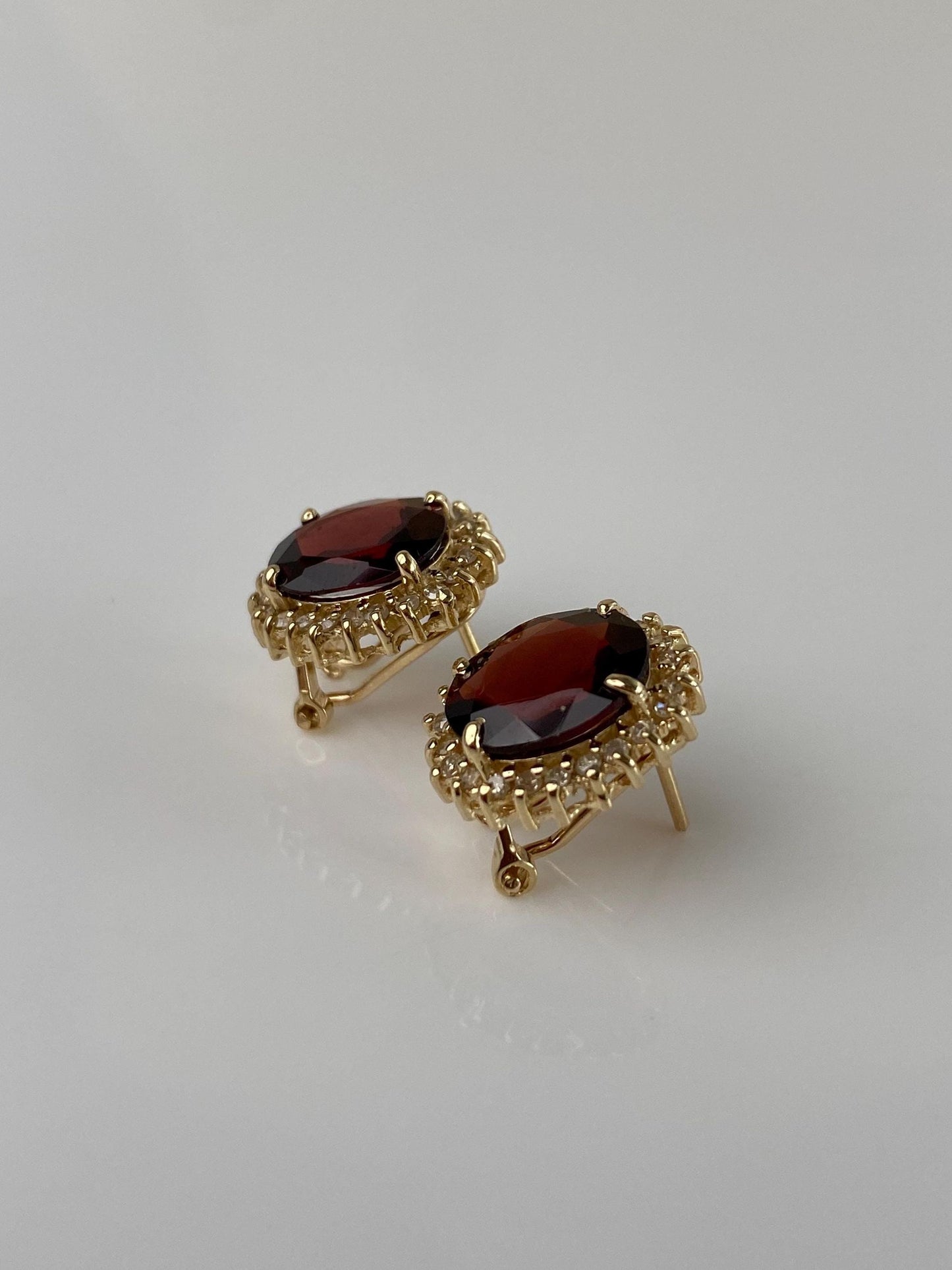 Vintage Solid 14k Yellow Gold Garnet Diamond Halo Drop Earrings
