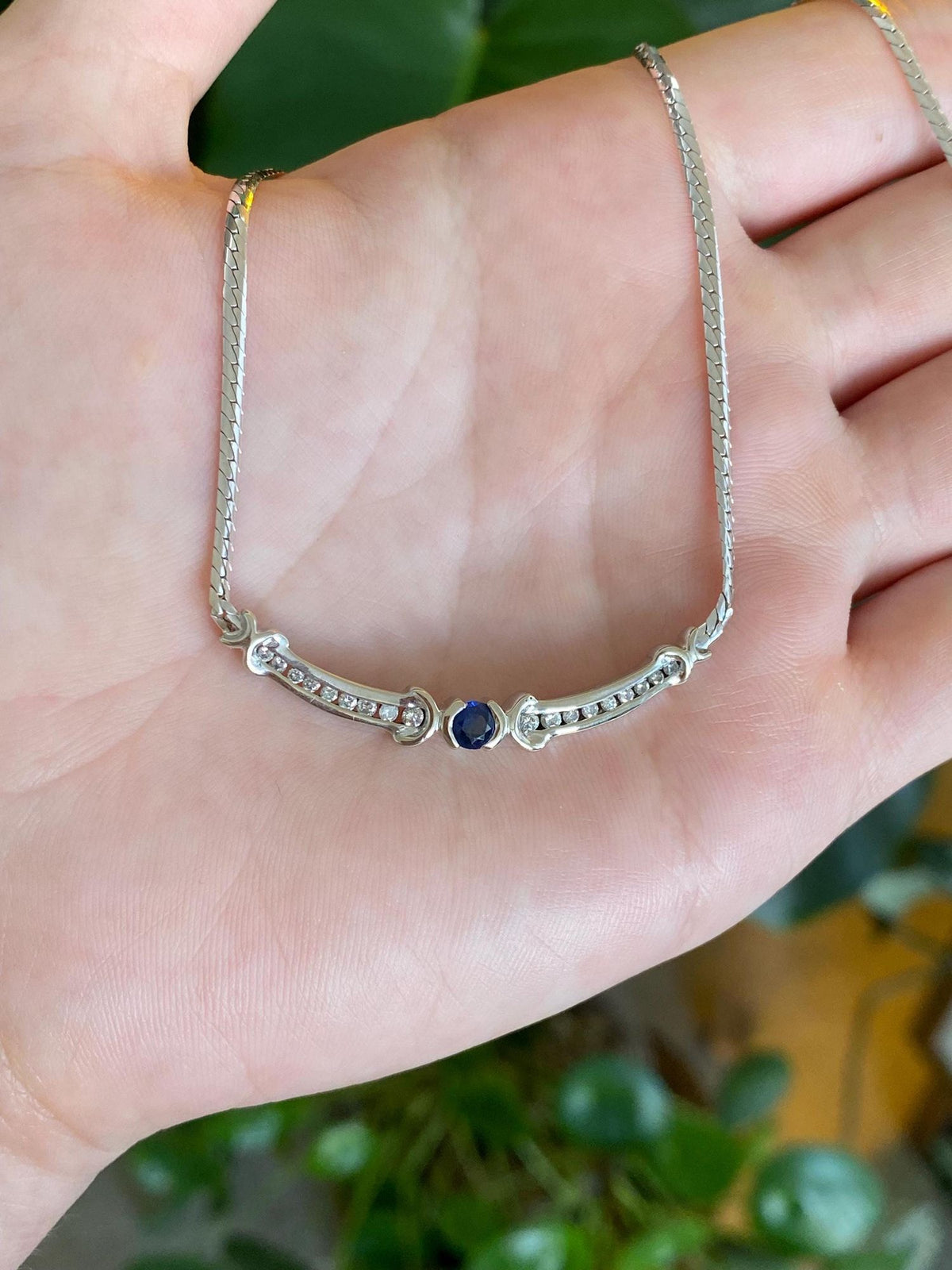 Vintage Solid 14k White Gold Blue Sapphire Diamonds Flat Chain Necklace - 17.5 inches